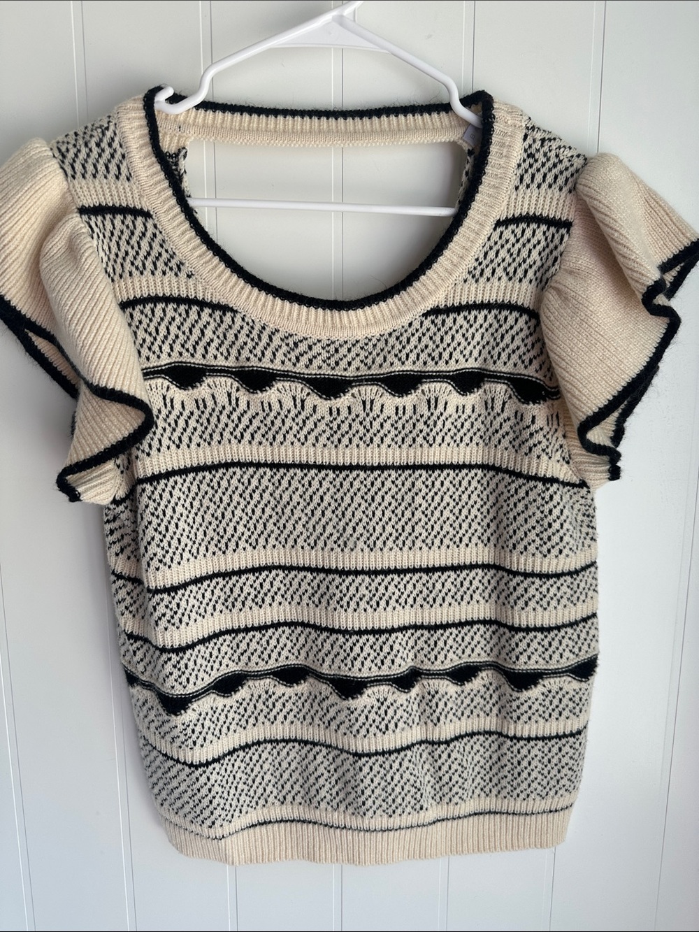 Baltic Born Ivory and Black Striped Ruffle Sleeve Sweater